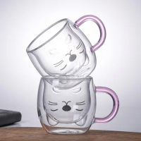 1/2pcs Cute Cat Mugs With Handle Glass Double Wall Insulated Glass Espresso Cup Coffee Milk Mug Gift