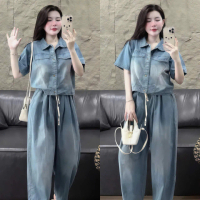 Set đồ nữ jaen qc áo tay ngắn cổ bẻ cài nút thật túi kiểu phối quần dài cá tính, năng động, xinh xắn