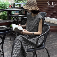 初色 日系寬鬆格紋圓領無袖A字裙連衣裙連身洋裝長洋裝-黑色-35887(M-2XL可選)