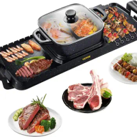 VEVOR 2 in 1 Electric Grill and Hot Pot, 2400W BBQ Pan Grill and Hot Pot, Multifunctional Teppanyaki Grill Pot with Dual Temp