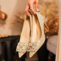 Wedding shoes, Xiuhe style bridal dress, dual-use crystal shoes, champagne-colored high heels for wo