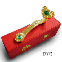 【原藝坊】銅鎏金巧雕--金如意擺飾+招正財綠貓眼(長95mm)