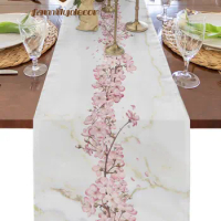 Flower Cherry Blossom Marble Texture Table Runner Home Wedding Table Mat Centerpieces Decoration Party Dining Long Tablecloth