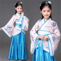 Traditional chinese hanfu woman dancing clothing white classic dress folk dance costumes for kids girls children child red blue