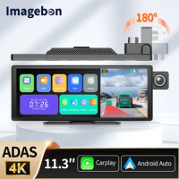 Imagebon 11.3" 4K ADAS Dash Cam Wireless CarPlay &amp; Android Auto 3 Channel Recording Car DVR FM GPS Time Lapse 24h Park Monitor