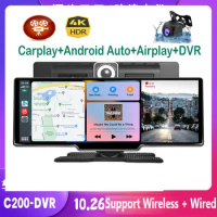 10.26" Car DVR Carplay Android Auto Dashcam 4K 3840*2160 Front and 1080P Rear Camera Voice Control GPS Wifi Recorder Dual lens