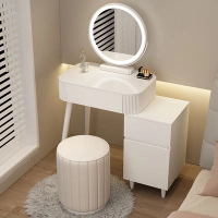 奶油風小戶型梳妝台(Q款60桌+櫃+智能鏡+圓凳)