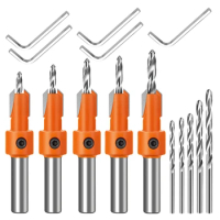 5 Piece Quick Change 8Mm Adjustable Countersink Drill Bit Set Orange Countersink Drill Bit With 5Pcs Replaceable Drill Bits