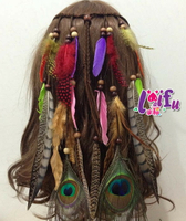來福頭飾，H577髮飾波西米亞印地安民族風嘻皮流蘇孔雀羽毛麻表演髮飾髮帶髮圈髮箍頭飾，售價180元