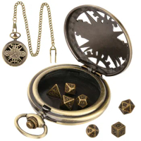 Metal DND Dice with Vintage Pocket Watch Game Dice with 39cm chain Hollow clock gear pocket watch DND dice Gifts Board Game