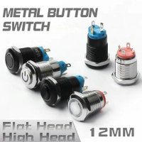 12mm Alumina Black Body Metal Push Button Switch with LED Light High Flat Head Momentary Latching Start Stop Switches 5V 24V