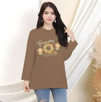 Kaos Oblong Oversize Lengan Panjang Wanita Sunflower/ Tshirt Bunga Matahari XL Kopi