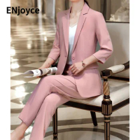 Spring Summer Women Professional Seven Quarter Sleeve Suit Blazer and Pants 2 Pieces Sets Ladies Workwear Business Formal Suits
