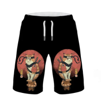 Funny Japanese Samurai Cat Beach Shorts Men's Shorts 3D Printed Animal Swimsuits Sports Shorts Men Fashion Oversized Pants Trunk