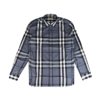 【BURBERRY 巴寶莉】BURBERRY後領布標字母LOGO三色都市格紋設計純棉長袖襯衫(男款/灰藍)