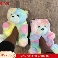 5 Women Teddy Bear Plush Slippers Cartoon Cute Bear Warm House Slipper Furry Faux Fur Slides Furry Home Indoor Soft Slides 8570