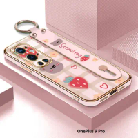 (With Wristband) For OnePlus 9 Pro 8T 8 9 Strawberry Back Cover Case Luxury Plating TPU Phone Cases For OnePlus 8 Pro