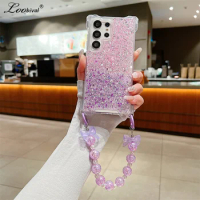 Glitter Gradient Wrist Chain Case for Samsung Galaxy S24 S23 Ultra S22 Plus A54 A14 A34 A55 A15 A53 Beads Bracelet Bling Cover