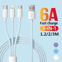 6A 66W 3 in 1 Cable 3M/2M/1.2M Data Cable USB Type C Fast Charging Cable for iPhone Xiaomi POCO Huawei Samsung Micro USB Cable