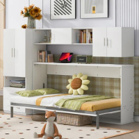 Twin Size Murphy Bed with Open Shelves and Storage Drawers,Built-in Wardrobe and Table, Sturdy Construction,White