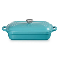 【Le Creuset】雙耳長方鑄鐵鍋29cm-附蓋(土耳其藍)