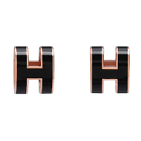 HERMES 經典立體H LOGO簍空橢圓穿式耳環 (黑X玫瑰金)