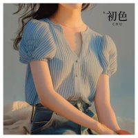 【初色】條紋泡泡袖立領短袖上衣女上衣襯衫開衫-淺藍色-34468(M-2XL可選)