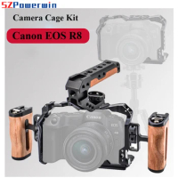 Powerwin For Canon EOS R8 Camera Cage with wooden Handgrid Handle Kit Aluminum Alloy Multifunctional Arri Locating Screw