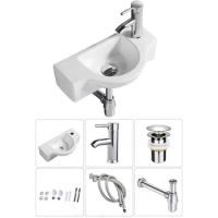 Bathroom Ceramic Washbasin and Faucet Combo White Small Sink Wall Mount Sink Corner Sink Set Chrome Pop-up Drain Free Shipping