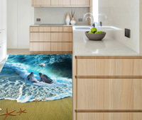 DT4013D防滑地板貼紙海灘海豚嬉戲房門浴室廚房防水地貼裝飾1入