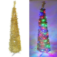 摩達客 6尺(180cm)彈簧摺疊金色哈利葉瘦型鉛筆樹聖誕樹(+LED100燈四彩光一串)