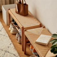 北歐櫻桃木實木繩編換鞋凳日式家用玄關凳簡約床尾凳餐桌原木長凳
