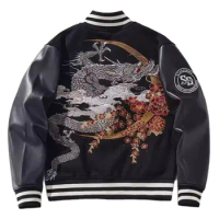 High Quality Men Boys Streetwear Coats Loose PU Vintage Dragon Peony Moon Pilot Bomber Embroidered Sukajan Souvenir Jacket