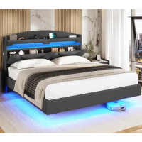 Floating Bed Frame King Size with USB-C/A Charging Station, LED Bed Frame with Storage Headboard