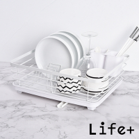 Life+ 日式簡約 單層多功能碗盤餐具瀝水架/收納架/置物架/瀝水籃_附排水導管