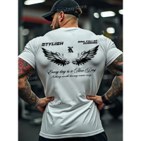 Cotton Short Sleeved Angel Wing Printed T-shirt GYM Running Sportswear Men's Oversized Top Street St