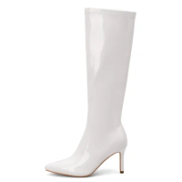 Elegant Women's Knee High Boots White Black Heeled Long Boot Female Large Size 48 Autumn Winter Party Shoes Ladies Footwear