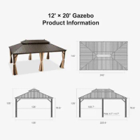 12' X 20' Outdoor Hardtop Galvanized Steel Gazebo Double Roof Canopy Aluminum Frame Garden Pavilion with Netting and Curtains