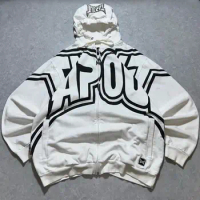 Y2K Harajuku Retro Tapout Zipper White Hoodie Hip Hop Letter Print Plus Size Hooded Sweatshirt Men's New Gothic Jacket