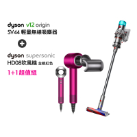 【dyson 戴森】V12 Fluffy Origin SV44 輕量無線吸塵器(銀灰色)+ HD08 全新版吹風機(全桃紅色)(超值組)