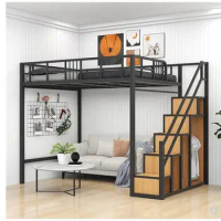 Small family light luxury loft bed saves space iron frame bed goes to bed under table two stair cabinet elevated bed