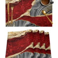Red Marble Texture Kitchen Dining Table Decor Accessories 4/6pcs Placemat Heat Resistant Tableware Pads Mats