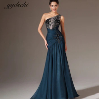 Evening Gowns Dark Blue Chiffon ,Mermaid Evening Dresses One Shoulder ,Black Lace Applique Long Formal Evening Party Gowns