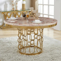 Luxury Round Marble Top Bistro Table Sets Titanium Metal Dining Table European Style Dining Room Furniture