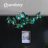 Chandelier Designed With Green Glass Leaves Art Pendant Lights For Island Hotel Restaurant Chandeliers Led Hanging Ceiling Lamp