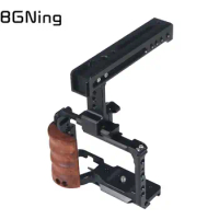 Camera Cage with Wooden Handle Grip Protective Cover Frame Rig for Sony ZV-E10 DSLR