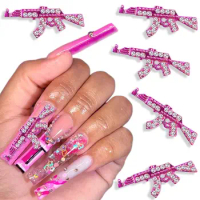 5Pcs Pink 3D Gun Shape Crystal Rhinestones Press on Nails Punk Style Luxury Diamond Alloy Gun Nail Charm for Nail Art Decoration