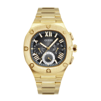 【GUESS】金框 黑面 三眼日期顯示 圓角方型 不鏽鋼錶帶 男錶 手錶 母親節(GW0572G2)