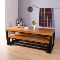Set Meja Makan Bangku Panjang Kayu Mahoni Kaki Besi Furniture