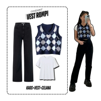 3in1 one set outfit wanita korean style kekinian | setelan ootd kaos putih vest rompi rajut kotak ce